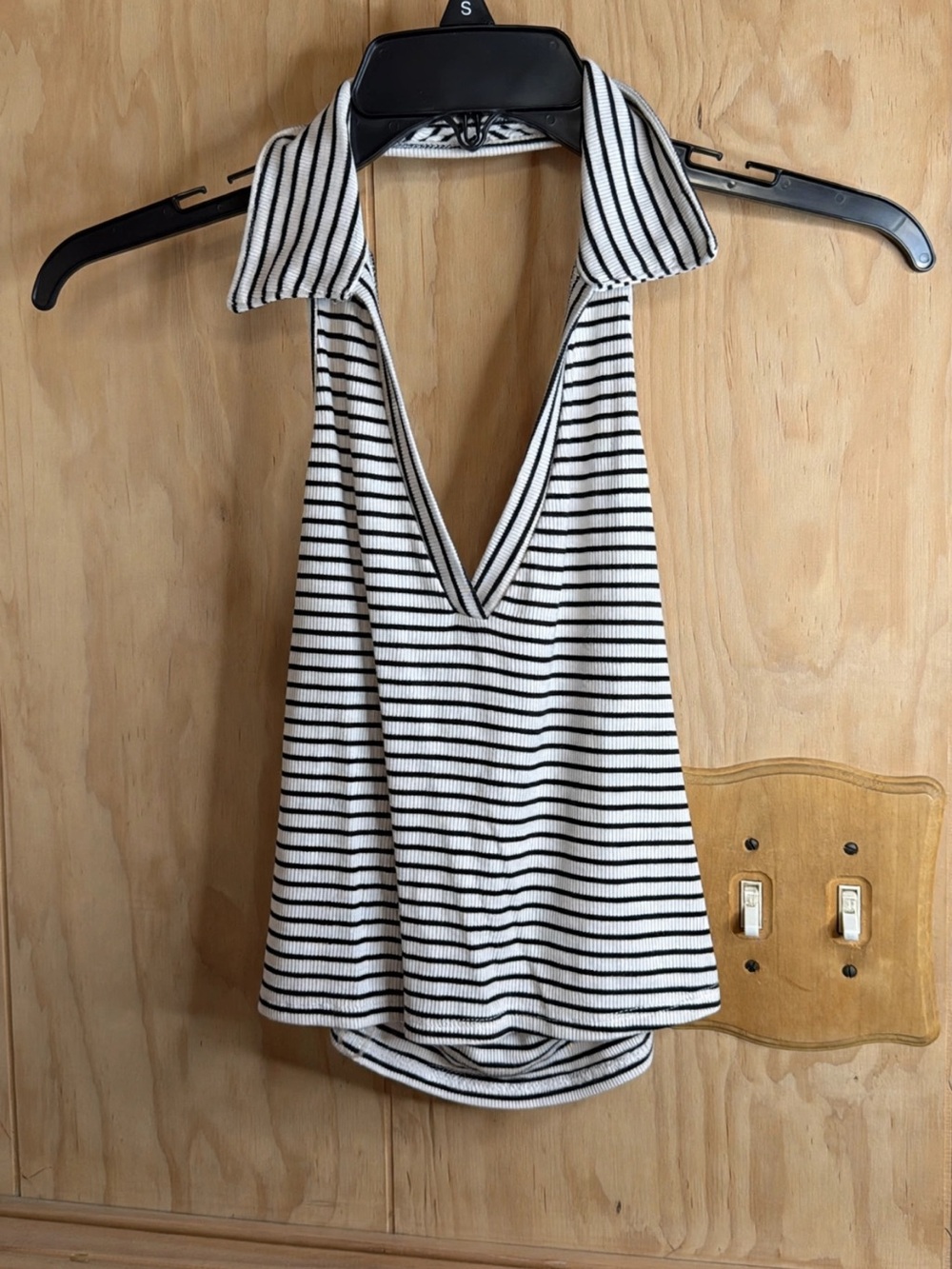 Gaze Striped Halter Collared Tank Top - Black & White XXS